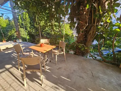 a wooden table and chairs sitting on a patio at Apartment Under the Palm Tree in Budva