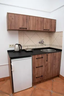 a kitchen with a white refrigerator and a sink at Beach House Noki 1 in Ulcinj