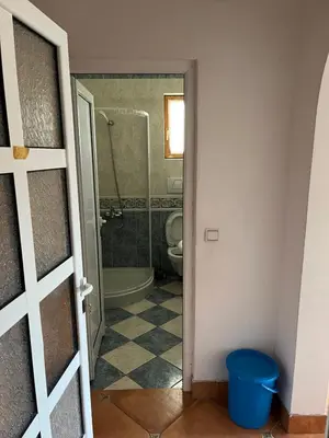 a bathroom with a shower and a toilet and a door at Beach House Noki 1 in Ulcinj