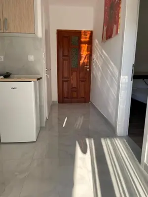 a hallway with a wooden door in a house at Apartment Lupo in Budva