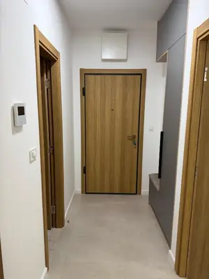a hallway with two wooden doors and a television at Premium Suites with GARAGE in Podgorica