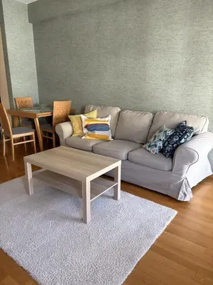 a living room with a couch and a coffee table at Cozy apartment in the very city center in Podgorica