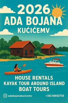 a poster for a adaa bonanza kayak tour around island boat tours at Ada Bojana River House 1 in Ulcinj