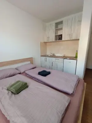 a room with two beds and a kitchen at Martins Apartments in Dobra Voda