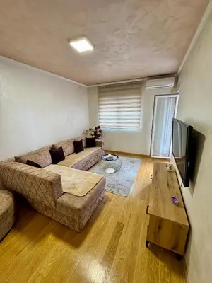 a living room with a couch and a tv at Modern City Apartment in Podgorica