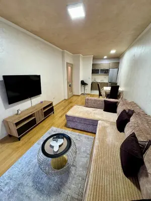 a living room with two couches and a flat screen tv at Modern City Apartment in Podgorica