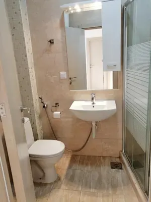 a bathroom with a sink and a toilet and a mirror at Sun&Sea Apartments in Dobra Voda
