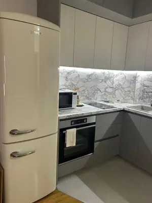 a kitchen with a refrigerator and a stove top oven at Apartment Cactus in Ulcinj
