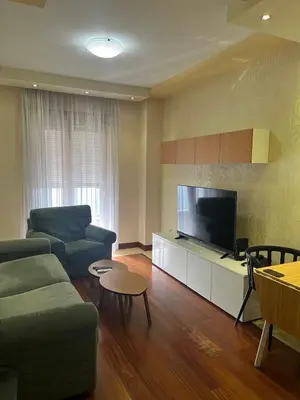 a living room with a couch and a flat screen tv at Central Podgorica Suite in Podgorica