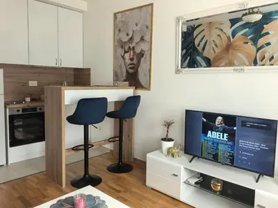 a living room with a tv and a table at relaxroom Podgorica in Podgorica