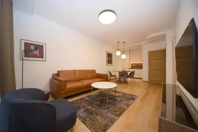 a living room with a couch and a table at Premium apartments with garage in Podgorica