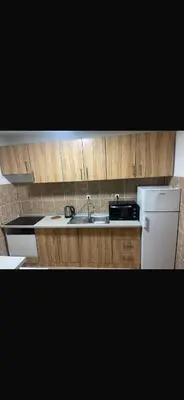 a kitchen with a sink and a white refrigerator at Квартира in Budva