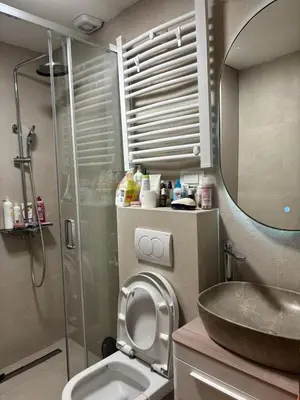 a bathroom with a shower and a toilet and a sink at LuxeStay Ksenija apartment in Podgorica