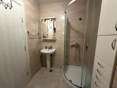 a bathroom with a shower and a sink and a toilet at Modern Apartment Przno in Pržno
