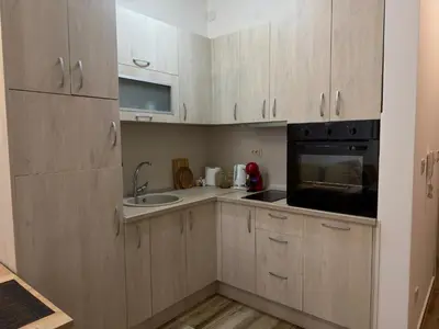 a small kitchen with wooden cabinets and a sink at Modern Apartment Przno in Pržno