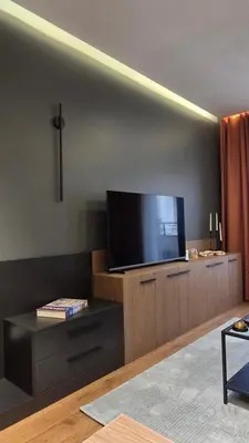 a living room with a flat screen tv on a cabinet at Urban Forest Apartment - with free Garage in Podgorica