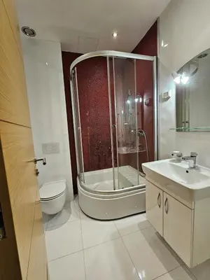 a bathroom with a shower and a toilet and a sink at Kadmo Sea View Apartment in Budva