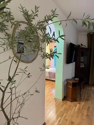 a living room with a mirror on the wall at Blue Sea apartment Petrovac in Petrovac na Moru