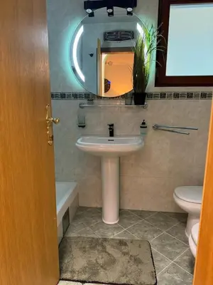 a bathroom with a sink and a toilet and a mirror at Blue Sea apartment Petrovac in Petrovac na Moru