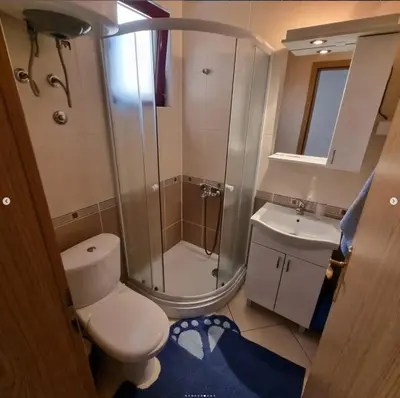 a bathroom with a shower and a toilet and a sink at Apartments Villa Royale in Dobra Voda