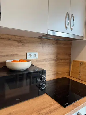 a kitchen with a bowl of oranges on top of a microwave at Golden LUX in Bar