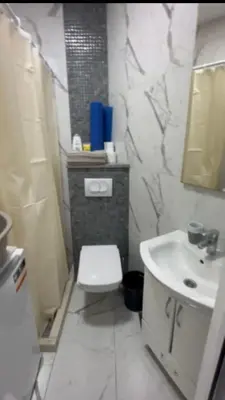 a bathroom with a white toilet and a sink at ALEKS apartman in Rafailovici