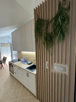 a kitchen with a large vertical wall with plants on it at Apartman Sunce in Budva