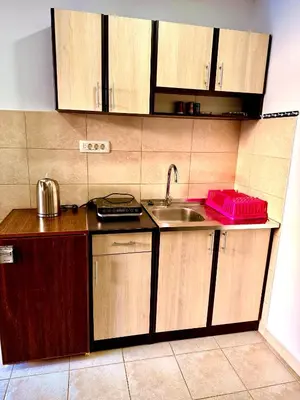 a kitchen with wooden cabinets and a sink and a counter at Adriatic Stay Apartments in Budva