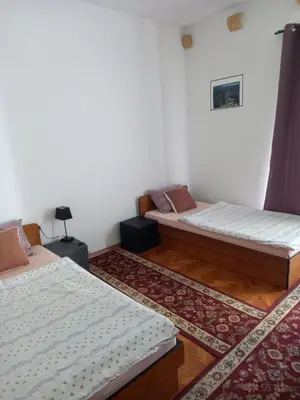 a room with two beds and a rug at Apartman Nikoleta in Kotor