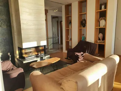 a living room with a couch and a fireplace at Villa Jelena in Reževići