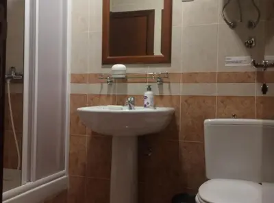 a bathroom with a sink and a toilet and a mirror at Apartments Aleksić, Bečići in Becici
