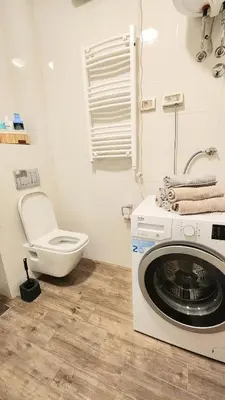 a bathroom with a washing machine and a toilet at Central Light Apartment in Podgorica