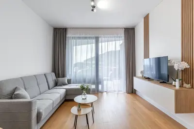 a living room with a couch and a tv at Stunning Bečići Apartment in Becici