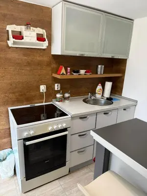 a small kitchen with a sink and a stove at Kutak in Podgorica