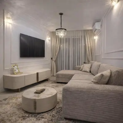a living room with a couch and a tv on the wall at New sea view luxury apartment in center in Budva
