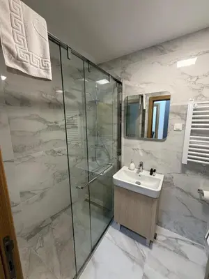 a bathroom with a sink and a glass shower at Montenegro White Suite in Podgorica