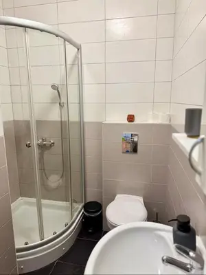 a bathroom with a shower and a toilet and a sink at ADAIST Apartments Budva Free Parking & Balcony in Budva