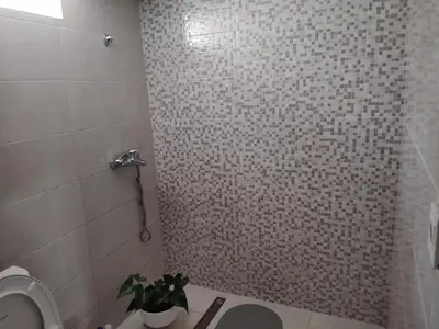 a bathroom with a tiled shower with a toilet at Radon apartments in Dobra Voda