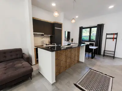 a kitchen and living room with a counter and a couch at Serenity Apartment in Becici