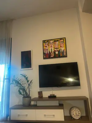 a living room with a flat screen tv on a wall at Apartmani Masa in Podgorica