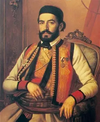 a painting of a man dressed in an eighteenthcenturyenmentenmentenment at Hamza Apartment Sea View Dobra Voda in Dobra Voda