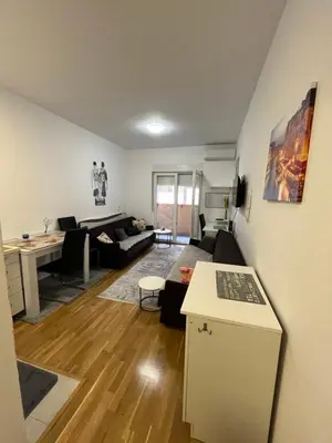 a living room with a couch and a table at Apartment Mirabella in Podgorica