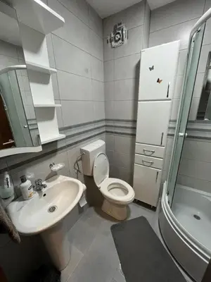 a bathroom with a toilet and a sink and a shower at Apartment Mirabella in Podgorica
