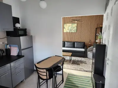 a kitchen and living room with a table and a couch at Broj 4 in Podgorica