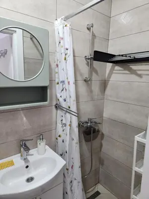 a bathroom with a shower with a sink and a mirror at Broj 4 in Podgorica
