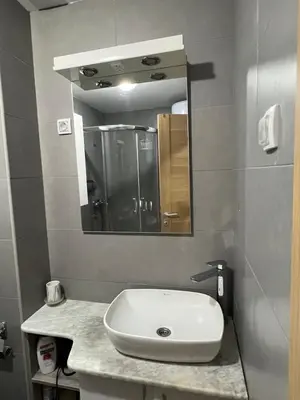 a bathroom with a sink and a mirror at Royal Stay Podgorica - Princess Apartment in Podgorica