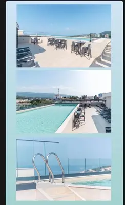 two pictures of a swimming pool with tables and chairs at Etihad Apartments&Spa in Ulcinj