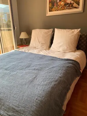 a bedroom with a large bed with a blue blanket at Appartement centre avec garage privé in Budva