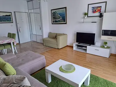 a living room with a couch and a tv at Luxury Apartments Trend in Budva