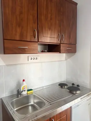a kitchen with a sink and a stove and cabinets at Apartments Old Olive in Bar